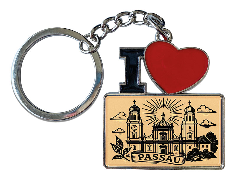 Souvenir Metal keychain with " I love" and rectangular pentant Passau 12x4cm