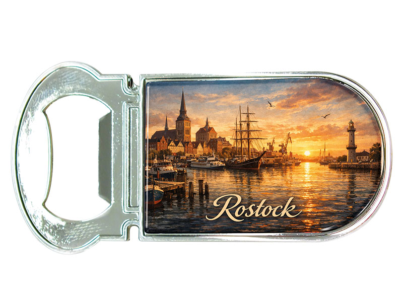 Souvenir Kapselheber Magnet Rostock aus Metall 3x7cm