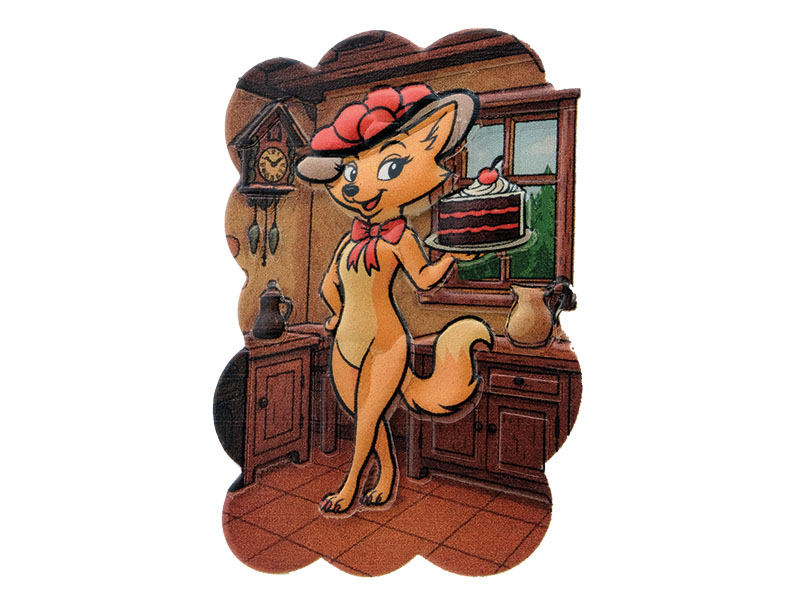 3D Magnet Füchsin Bollie mit Torte aus Poly 5x0,5x7,5cm