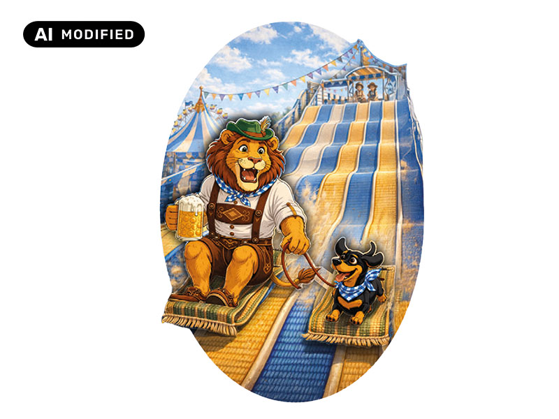 3D Magnet Löwe Leopold auf Teppichrutsche aus Poly 6x0,5x7cm