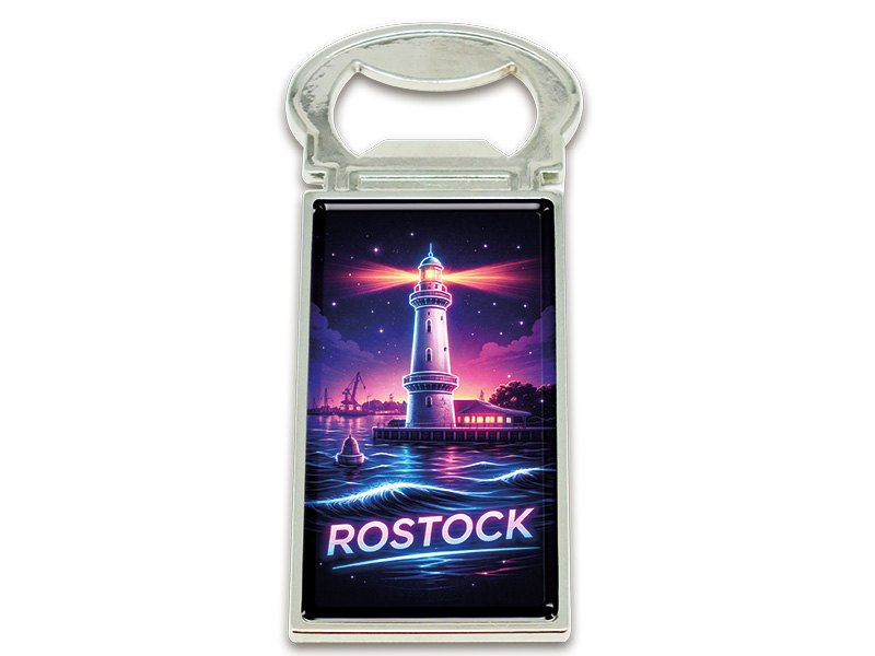 Souvenir Kapselheber Magnet Rostock aus Metall 3x9cm