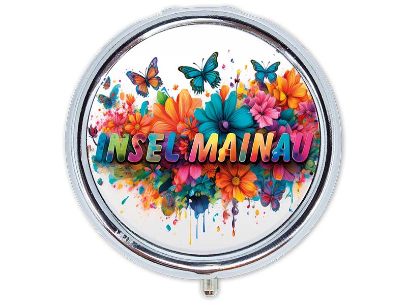 Souvenir Pillendose rund aus Metall Mainau Ø5cm Souvenir Pillendose rund aus Metall Mainau Ø5cm