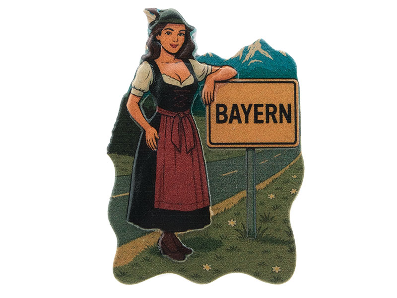 3D magnet bavarian girl with town sign, poly, 5x0,5x7,5cm