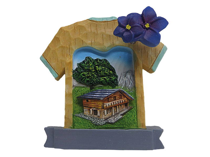Magnet aus Poly T-Shirt mit Berghütte, 7x7cm   