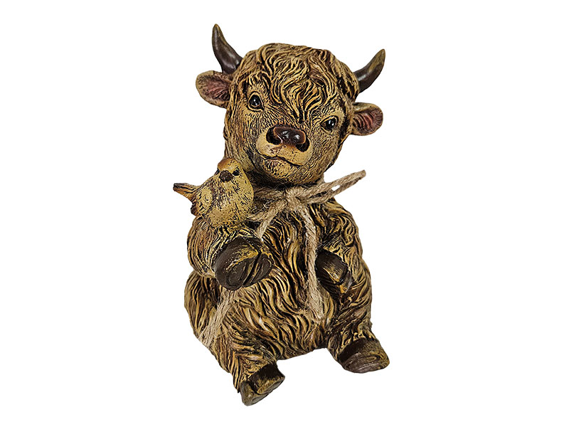 Hochlandrind mit Vogel aus Poly 9x9x14cm   
