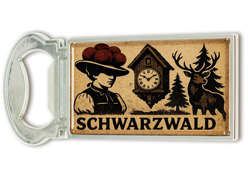 Souvenir Magnet Kapselheber aus Metall Schwarzwald 3x9cm