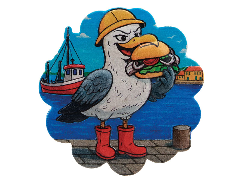 3D Magnet Möwe Seefried mit Brötchen aus Poly Ø6,5x0,5cm