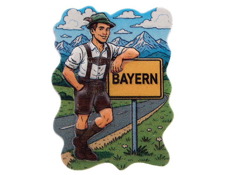 3D magnet bavarian boy with town sign, poly, 5,5x0,5x7,5cm