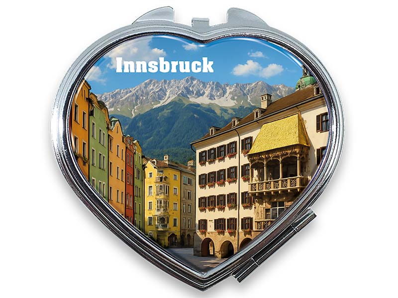 Souvenir Taschenspiegel Herz Innsbruck aus Metall 6,5cm