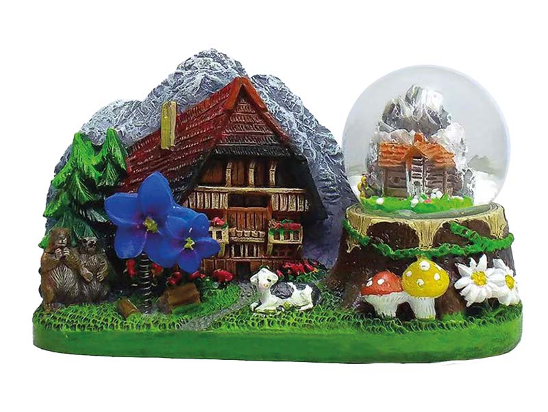 Glitzerkugel Berglandschaft mit Alpenhaus aus Poly 10x4,5x6cm   