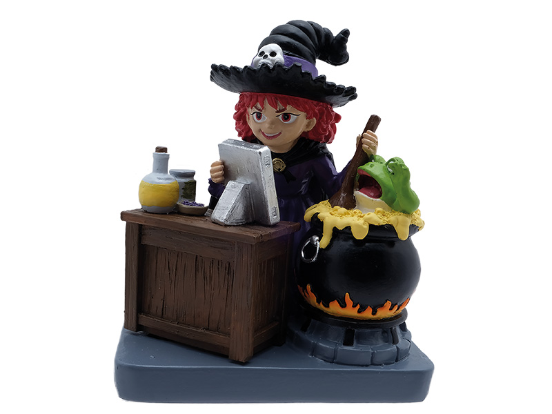 Hexe Frieda Feuerlocke mit Kessel aus Poly 11x7x13cm