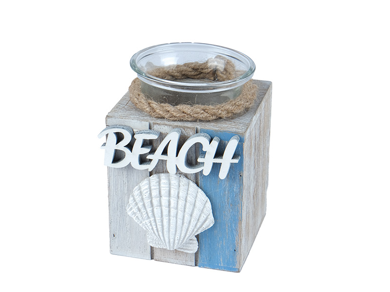 Teelichthalter "Beach" aus Holz, 7x7x10cm    Teelichthalter "Beach" aus Holz, 7x7x10cm