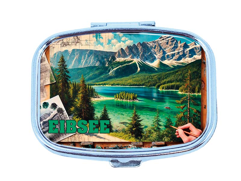 Souvenir Pillendose rechteckig aus Metall Eibsee 6x4,5cm Souvenir Pillendose rechteckig aus Metall Eibsee 6x4,5cm
