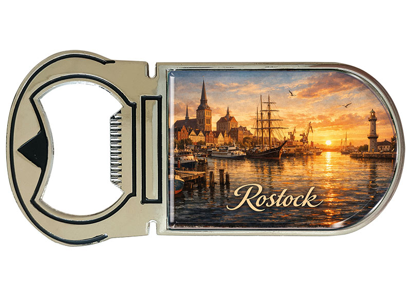 Souvenir Kapselheber Magnet Rostock aus Metall 4x9cm