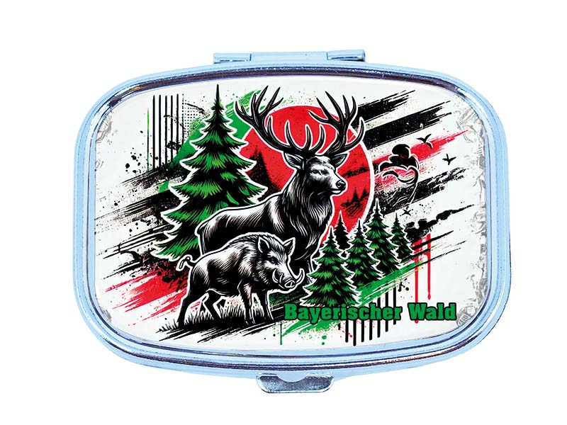 Souvenir Pillendose rechteckig aus Metall BayerischerWald 6x4,5cm Souvenir Pillendose rechteckig aus Metall BayerischerWald 6x4,5cm