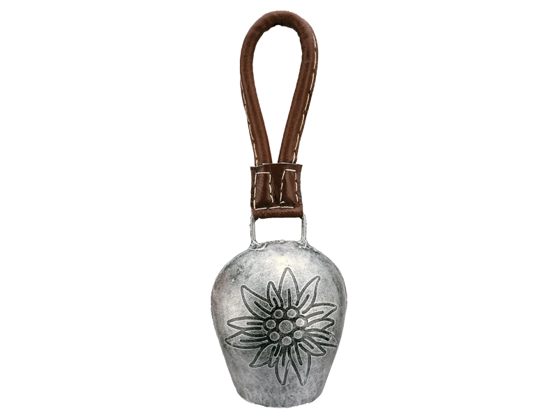 Metal bell with Edelweiss 13x9x17cm, with leather strap