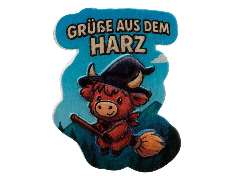3D Magnet Hochlandrind als Hexe aus Poly 5,5x0,5x7,5cm