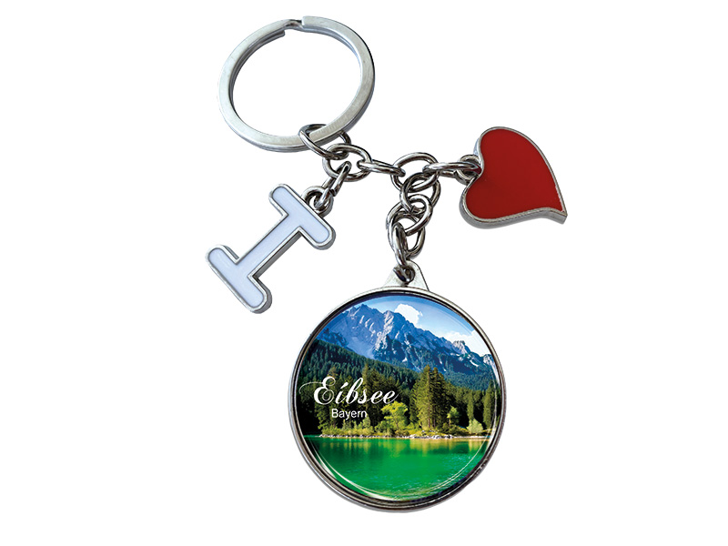 Souvenir Metal keychain with " I love"  and round pentant Eibsee 12x4cm