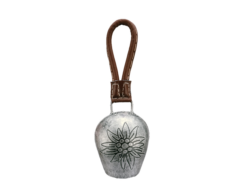 Metal bell with Edelweiss 7x5x9cm, with leather strap