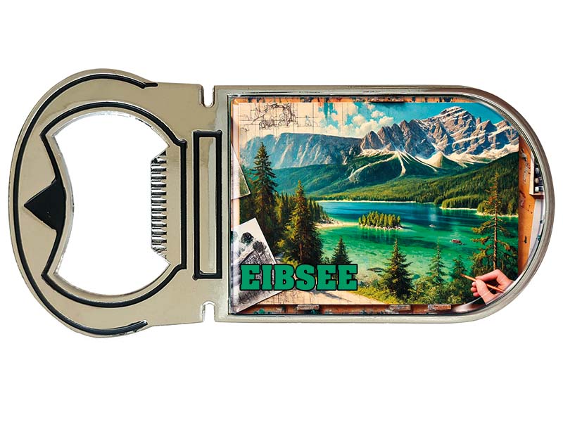 Souvenir Magnet Kapselheber aus Metall Eibsee 4x9cm