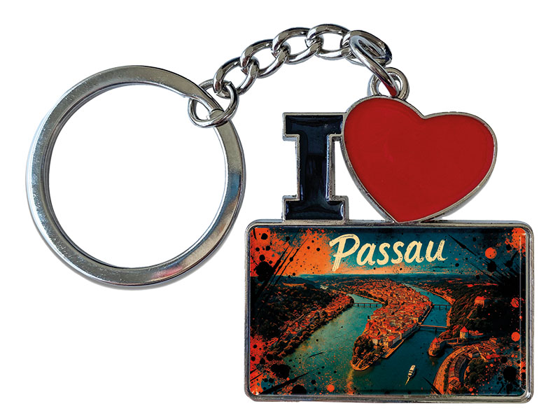 Souvenir Metal keychain with " I love" and rectangular pentant Passau 12x4cm