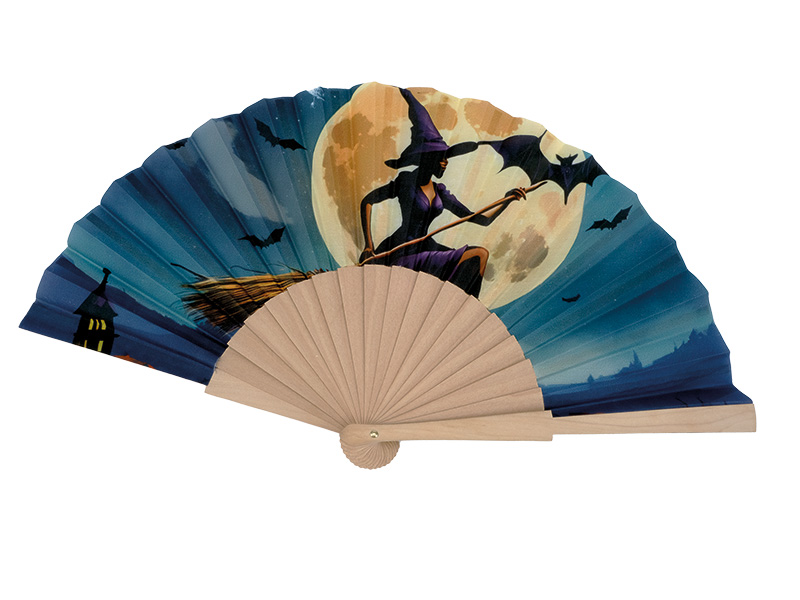 Fächer aus Holz mit Hexe, 46x23x3cm    Fächer aus Holz mit Hexe, 46x23x3cm