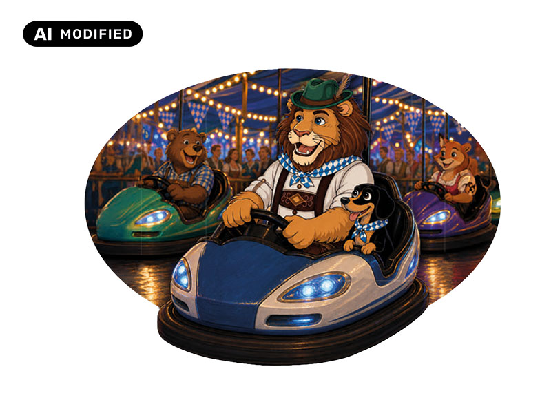 3D Magnet Löwe Leopold in Autoscooter aus Poly 6x0,5x7cm
