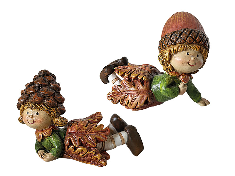 Poly gnome with pine cone and acorn lying 7x4,5x5,5cm