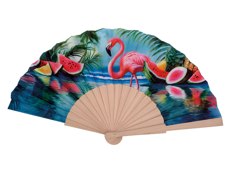 Wooden hand fan flamingo 46x23x3cm