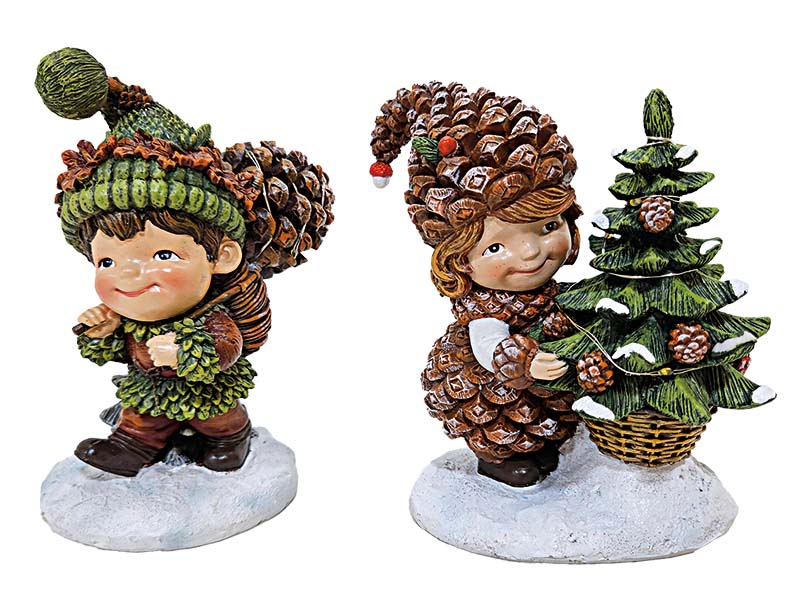 Zapfenkinder mit Tannenbaum und Tannenzapfen aus Poly 11x8x15cm   