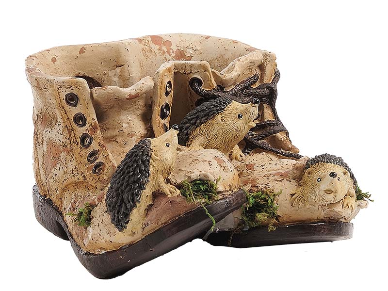 Pflanzschuh mit Igel aus Poly 20x16x10cm    Pflanzschuh mit Igel aus Poly 20x16x10cm