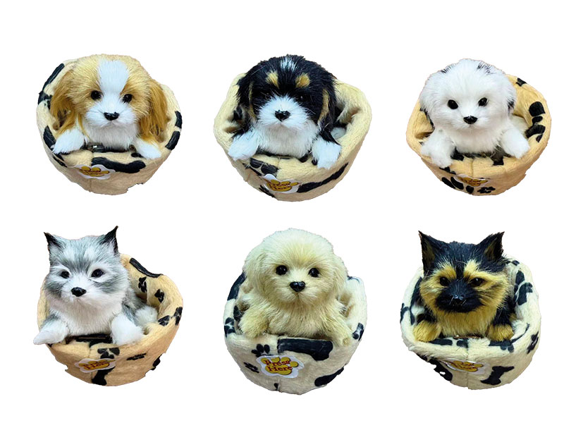 Deko Hunde im Körbchen mit Kunstfell 10x7x11cm   