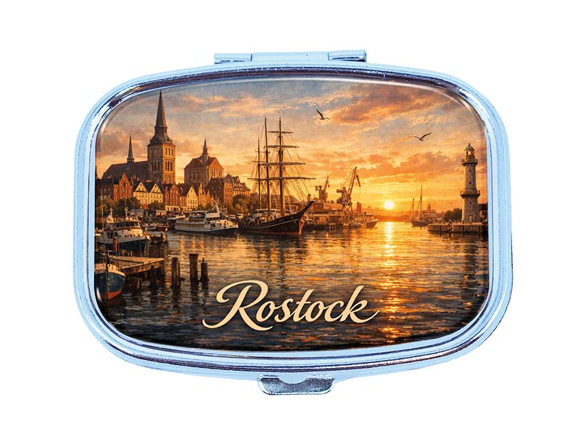 Souvenir Pillendose Rostock aus Metall 6x4,5cm