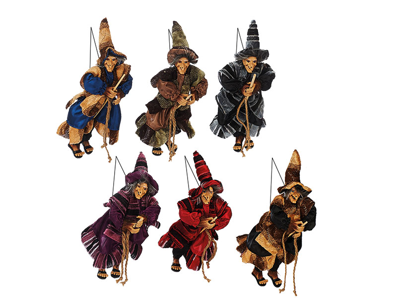 Hexe aus Poly,  fliegend, 11x8x30cm 6 Farben sortiert   