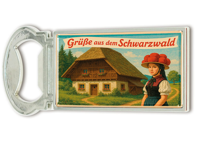 Souvenir Magnet Kapselheber aus Metall Schwarzwald 3x9cm