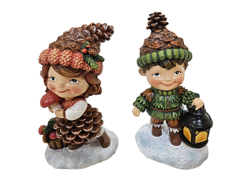 Zapfenkinder mit Laterne und Pilzen aus Poly 6x4,5x10cm   