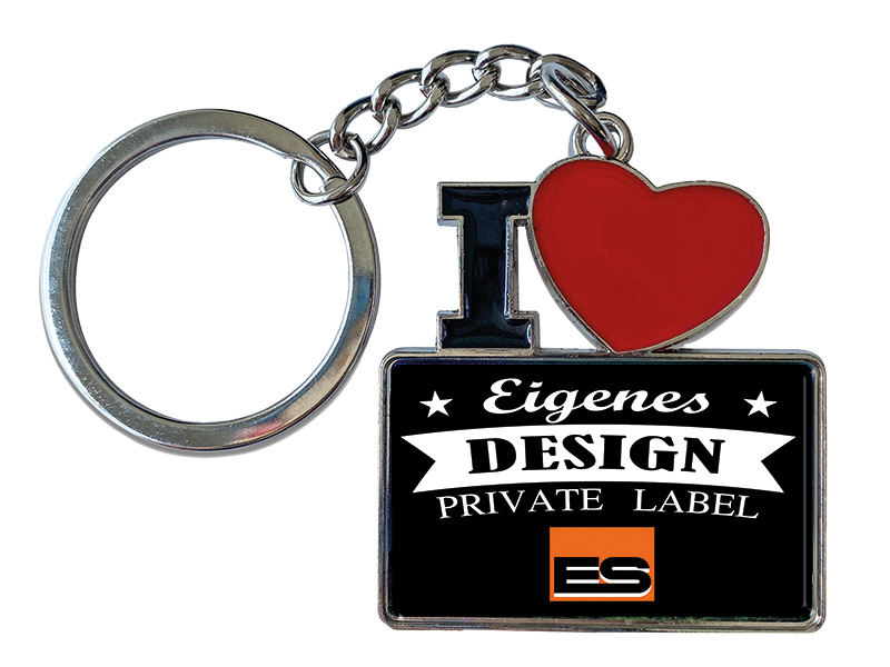 Metal keychain with " I love" and rectangular pentant 12x4cm, for own design