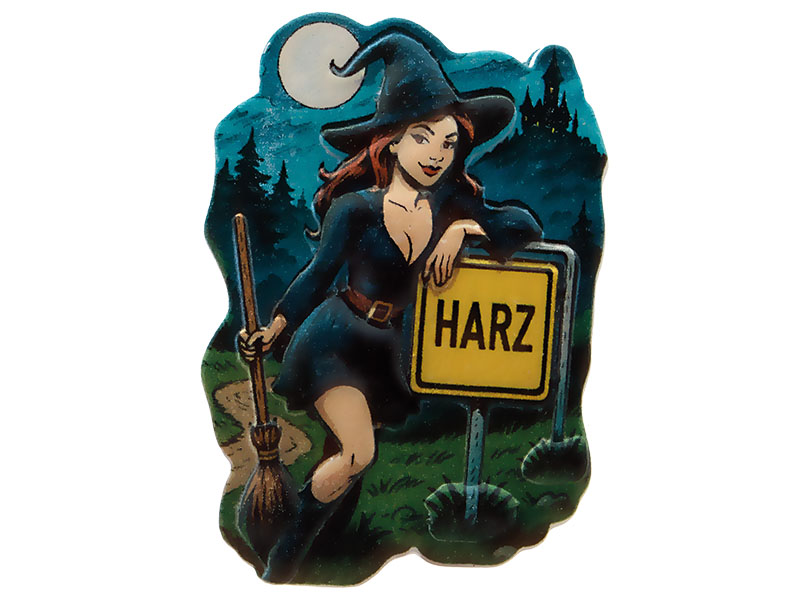 3D Magnet Harz-Hexe mit Ortsschild aus Poly 5x0,5x7,5cm