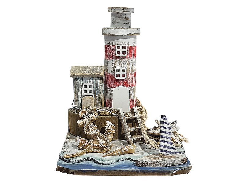 Wooden lighthouse with beach house 14x12,5x18,5cm