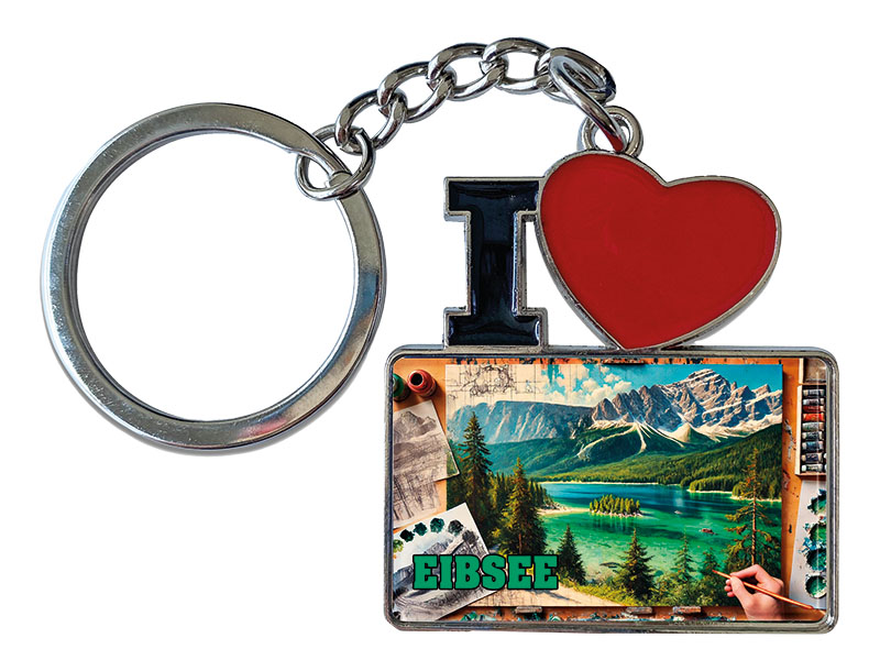 Souvenir Metal keychain with " I love" and rectangular pentant Eibsee 12x4cm