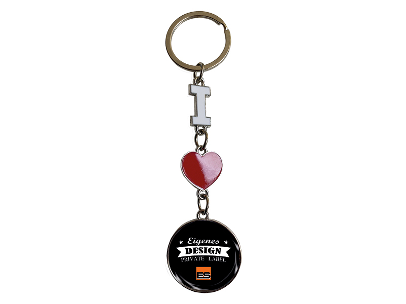 Metal keychain with " I love" and round pentant 13,5x4cm, for own design