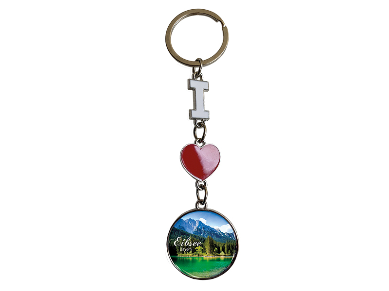Souvenir Metal keychain with " I love" and round pentant Eibsee 13,5x4cm