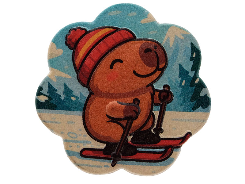 3D magnet capybara skier, poly,  Ø6,5x0,5cm