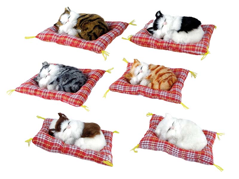 Katze mit Kunstfell auf Kissen mit Sound, 18x14x7cm    Katze mit Kunstfell auf Kissen mit Sound, 18x14x7cm