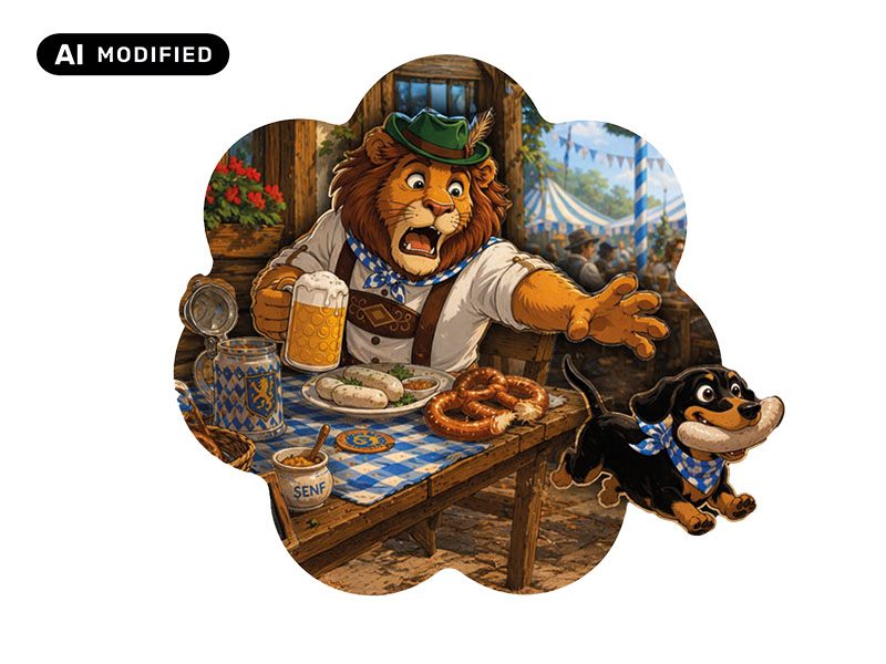 3D Magnet Löwe Leopold beim Frühschoppen aus Poly 6x0,5x7cm