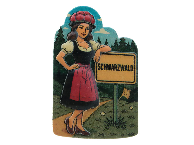 3D Magnet Schwarzwälderin mit Ortsschild aus Poly 5x0,5x7cm