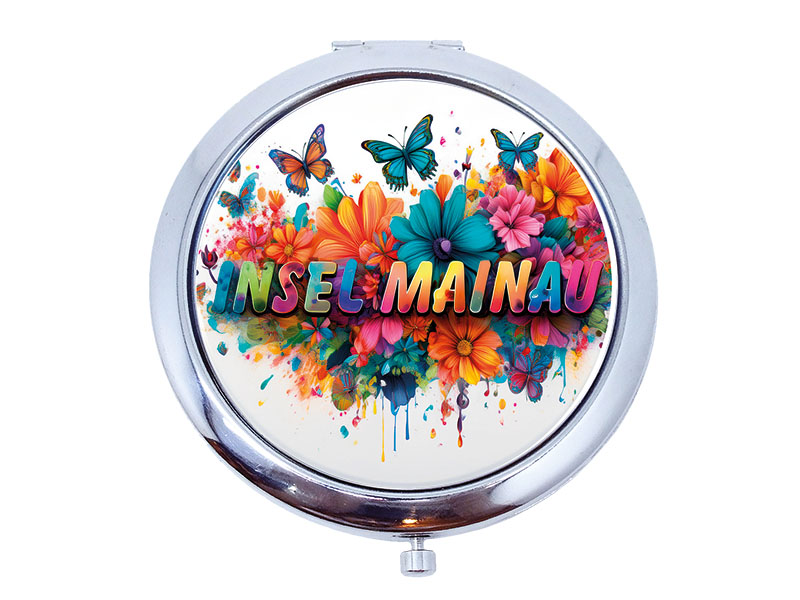 Souvenir Taschenspiegel aus Metall eigenes Design Mainau Ø7cm