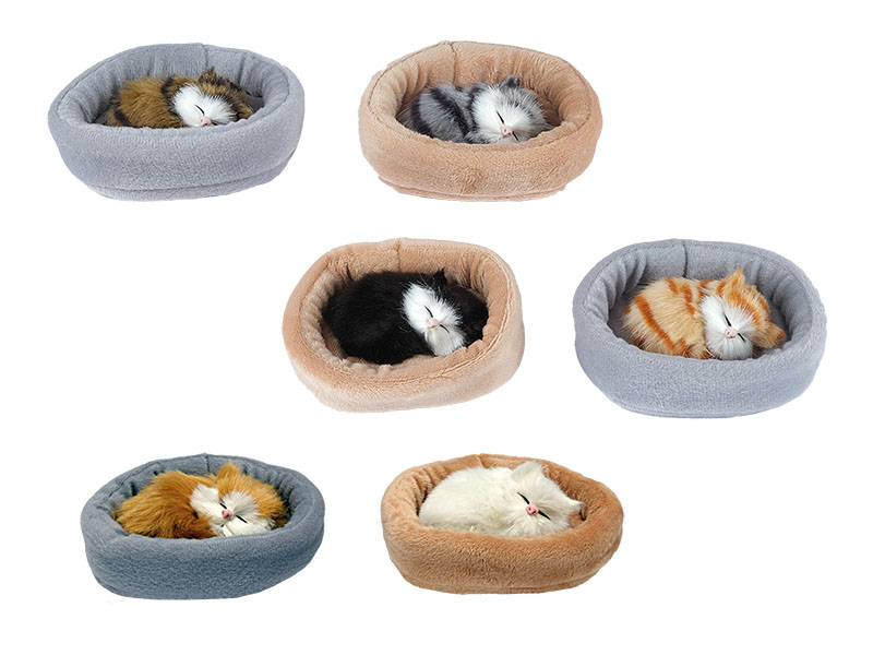 Katze mit Kunstfell im Körbchen, 13x9x4cm    Katze mit Kunstfell im Körbchen, 13x9x4cm