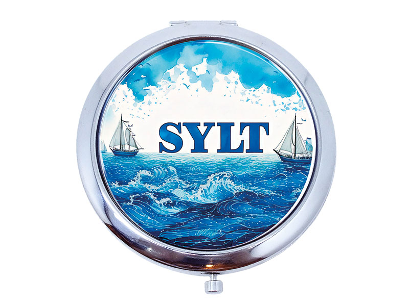 Souvenir Taschenspiegel aus Metall eigenes Design Sylt Ø7cm Souvenir Taschenspiegel aus Metall eigenes Design Sylt Ø7cm