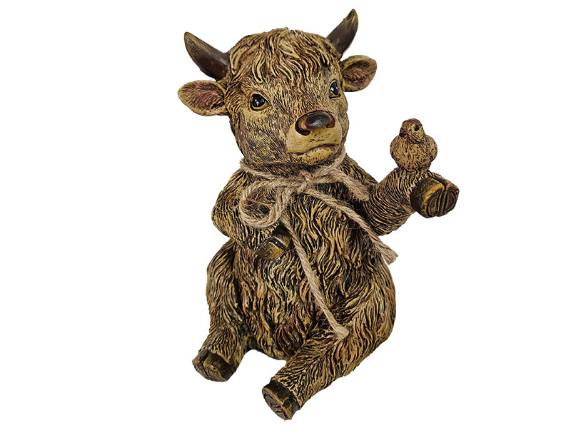 Hochlandrind mit Vogel aus Poly 12x10x18cm   
